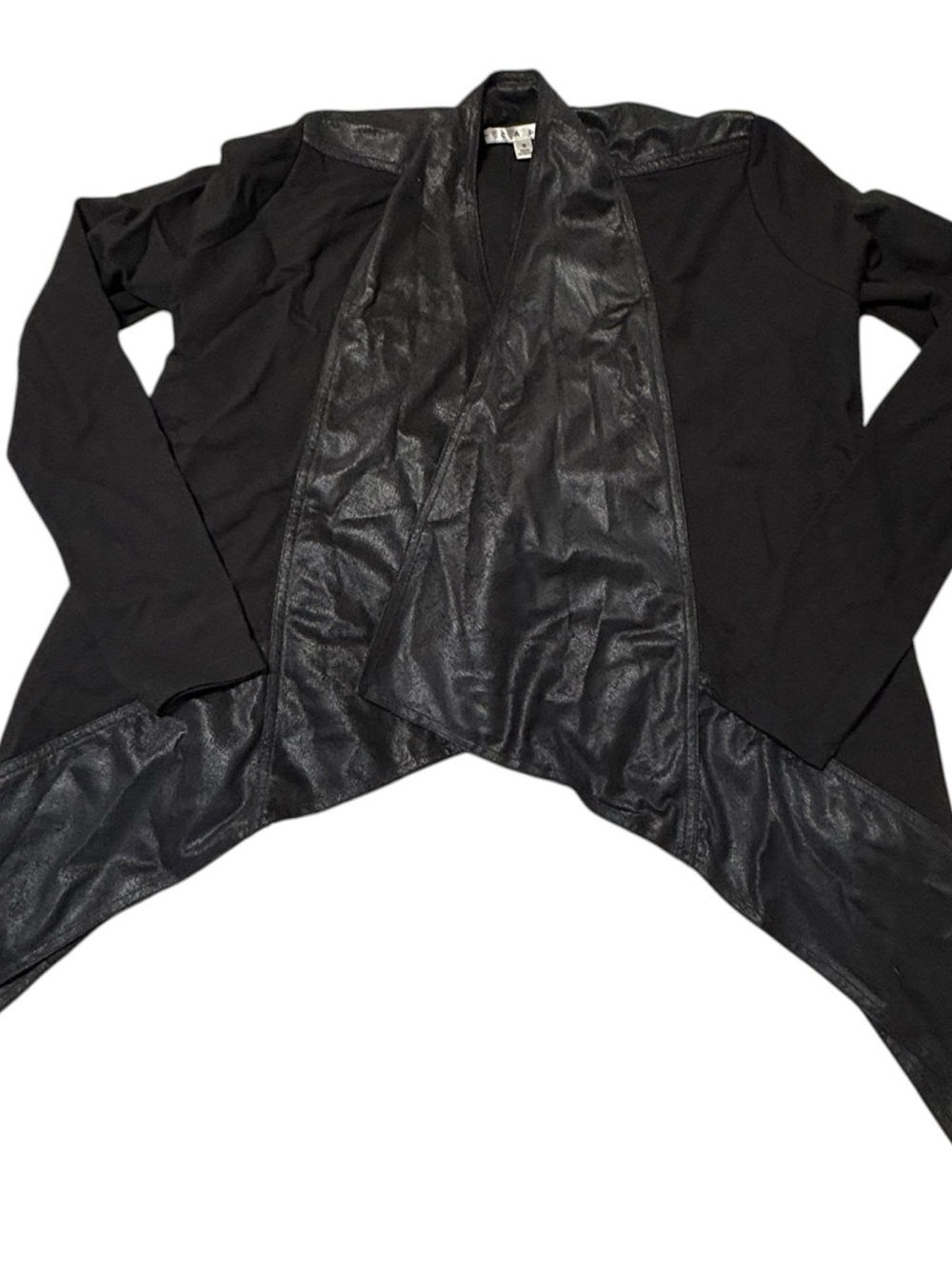 Cabi Owens Waterfall Jacket 527 Black Faux Leather Draped Cardigan Small